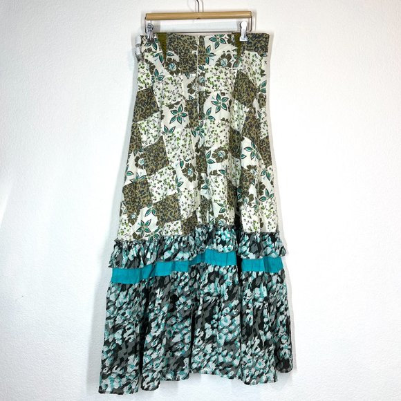 Anthropologie Floral Patchwork Maxi Skirt Ruffle Cotton Blue Motif Modified - Picture 4 of 12
